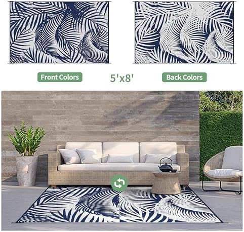 GENIMO Outdoor Rug 5' x 8' Waterproof for Patio Clearance, Reversible Plastic Straw Camping Carpet, Lightweight Mats for Rv, Backyard, Deck, Porch, Picnic, Beach, Balcony, Blue & White