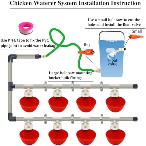 Complete Set Pipeline Automatic Chicken Watering System, 1/2" PVC Tee Fittings & PVC Pipe & Garden Hose, Chicken Water Cups, Poultry Waterer, Automatic Chicken Waterer, Chicken Nipple Waterer