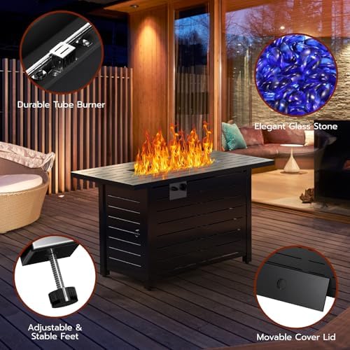 Xbeauty Fire Pit Propane Gas FirePit Table 43" Outdoor Fire Pit Rectangular Tabletop with Lid, Rain Cover, for Outside Garden Backyard Deck Patio