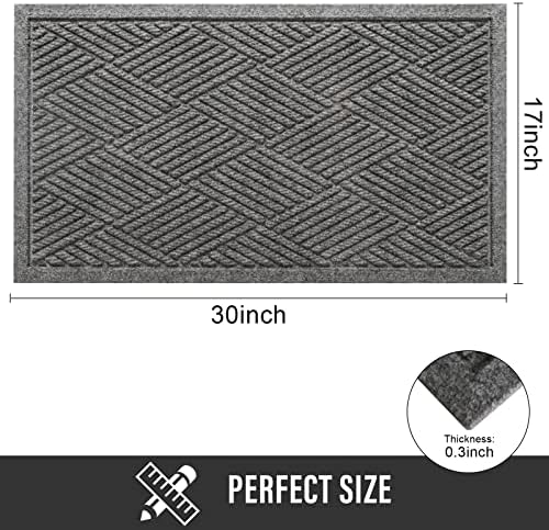 Sturdy Front Door Mat, Absorbent Muddy Dirt Resist Welcome Door Mats Outdoor Indoor, Stain and Fade Resistant, Non-Slip Rubber Backing Low Profile Doormat for Entryway, 30×17, Grey