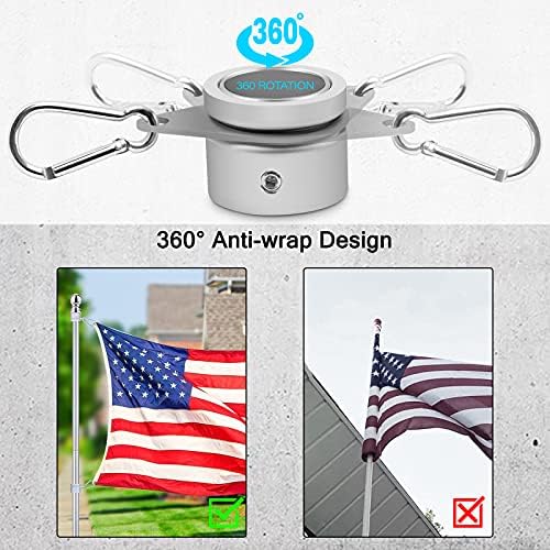 Flag Pole Rings, Aluminum Alloy Flagpole Rings 360° Rotating Anti Wrap Flag Mounting Ring, Spinning Flag Pole Clips with Carabiner for 0.75-1.02 Inch Diameter- Pack of 4 (Matte Silver)