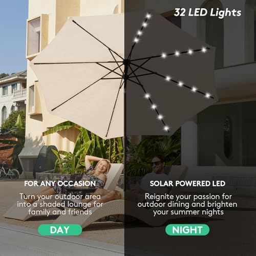 JEAREY 9FT Outdoor Patio Umbrella with Solar Lights, LED Lighted Pool Umbrella with Tilt and Crank, Outdoor Table Umbrellas for Deck, Yard & Market (Beige)