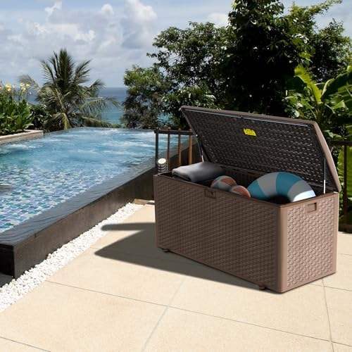 Premium Pro Edition 150 Gallon Lockable Resin Deck Box, Waterproof & UV-Resistant Outdoor Storage Box for Outdoor Cushion Storage, Garden Tools & Pool Accessories Storage, Brown