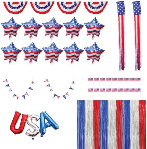 45 PC 4th Of July Decorations, USA Independence Day Patriotic Décor Set, American Bunting & Windsock Flags, Red White & Blue Streamer Backdrop, 10 Aluminum 1 “USA” Balloon, 2 Garland 8.2’, 18 flags