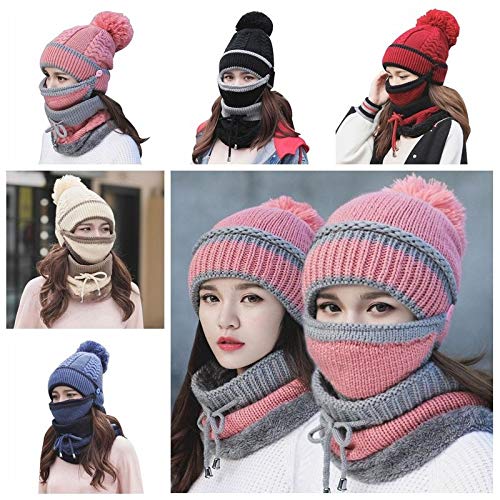 3pcs/Set Fashion Women Winter Knitted Hat Thickened Woolen Cap with Warm Mask and Neck Scarf (Black)
