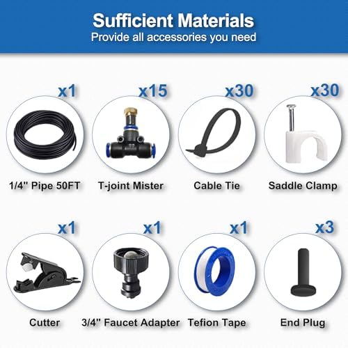 Misters for Outside Patio, Outdoor Water Misting Cooling System 50FT|15M. Backyard Mist Kit for Garden Greenhouse Fan Deck Umbrella Canopy Pool Porch Trampoline Sprinkler Park BBQ Party Accessories.