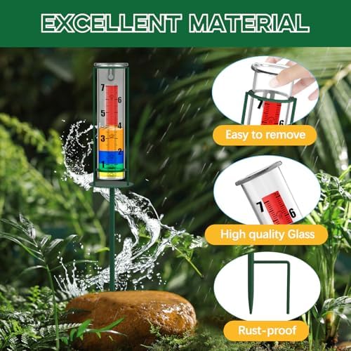 Rain Gauge Outdoor, 7" Capacity Rain Gauge with Metal Stake, Glass Rain Gauge Outdoors Best Rated Decorative for Yard, Garden, Deck, Lawn, Landscape(Colorful)