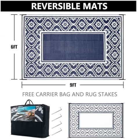 Plastic Outdoor Rug 6'x9' Waterproof Camping Carpet Outside Reversible Area Rug Blue Rugs for RV Deck Entryance Porch Picnic Balcony Beach