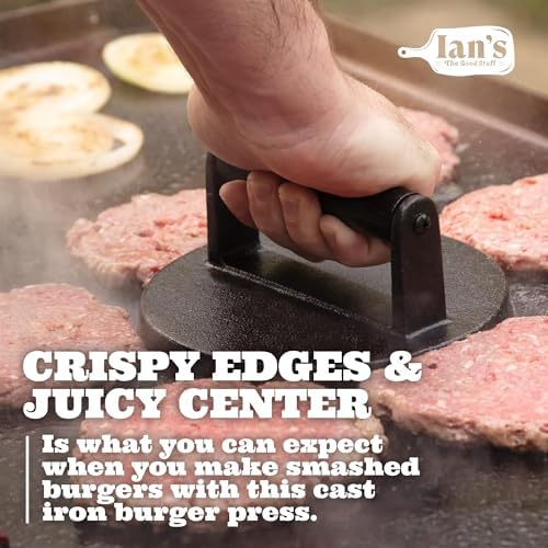 Ian's Smash Burger Press 6.5" Cast Iron Hamburger Press Heavy Duty - Burger Smasher Griddle Press, Meat Press, Makes Great Gift for Dad