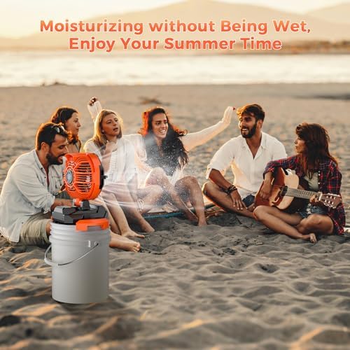Portable Misting Fan, 30000mAh Rechargeable Battery Powered Floor Cooling Fan with 4 Strong Winds, 4 Spray Mister, Adjustable Base for 10-13in Bucket for Camping, Beach, Patio (No Bucket)- Orange