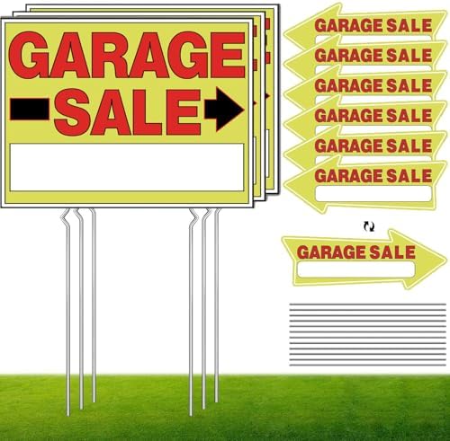 Garage Sale Signs - 3Pack Double Sided Garage Sale Signs & 6Pack Directional Arrow Signs with Metal Stakes - Waterproof Reusable Yard Sale Signs for Outdoor Sales