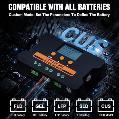 ECO-WORTHY Solar Charge Controller 30A Solar Panel Custom Battery Regulator, Dual USB Port Auto 12V/24V PWM for FLD/LiFePO4/SLD/GEL RV Solar System