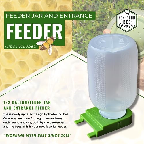 Foxhound Bee Co: Honey Bee Feeder for Beekeeping with Plastic Entrance Feeder and Extra Large Half Gallon Bottle for Feeding Sugar Syrup or Water to Bee Hives - 2 Pack
