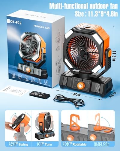 Misting Fan, Portable Outdoor Fans with Remote, 20000mAh Rechargeable Battery Portable Fan for Outdoors Patios, Camping Fans 270° Adjustable, Hanging & Lighting for Outdoor Indoor cooling