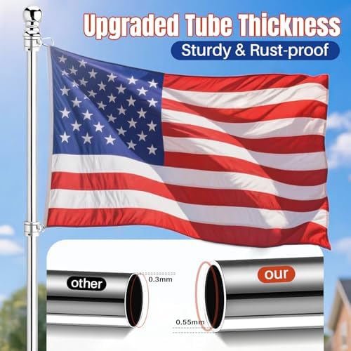 Stainless Steel Flag Pole Kit, 6Ft Thickened Flagpole Wall Flag Holder with Non Tangle Flagpole Spinners for Outside House,Two-Position Residential Wall Mount Flag Poles Accessories,Flag Stick(Silver)