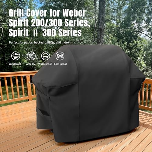 SHINESTAR Grill Cover for Weber Spirit 200/300 Series, Also Fits for Spirit II 300, Double Straps and Built-in Vents, Waterproof, 52-Inch, Black