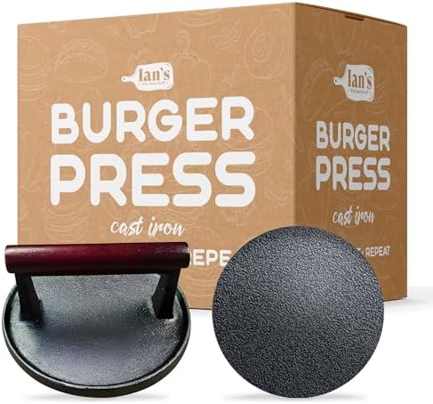 Ian's Smash Burger Press 6.5" Cast Iron Hamburger Press Heavy Duty - Burger Smasher Griddle Press, Meat Press, Makes Great Gift for Dad