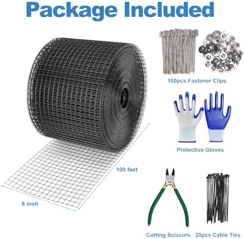 Critter Guard for Solar Panel Bird-Guard - INCIKITI 6in x 100ft PVC Coated Pigeon Netting 1/2" Bird Mesh with 100 Fastener Clips, 20 Tie Wire, Cutting Scissor, Gloves, Pigeon Solar Panel Mesh for Bird