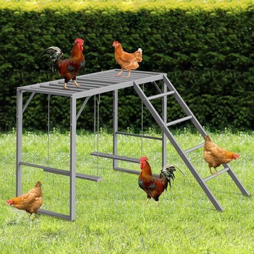 Chicken Perch Swing, Chicken Roosting Bars with Ladder for Coop, Metal Pet Swing Set for Pet's Healthy & Happy for 8-10 Chick, Grey