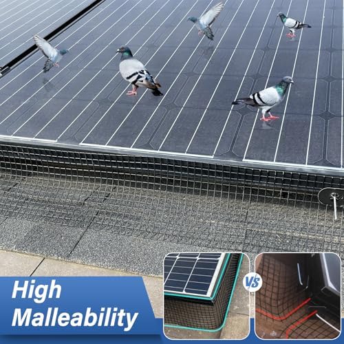 Solar Panel Bird Guard,6in x 100ft Critter Guard Roll Kit for Roof Protection Net Wire Screen,Rust-Proof Black PVC Coated Galvanized Net Pigeon Mesh with 70 Fastener Clips for Bird,Animal Control
