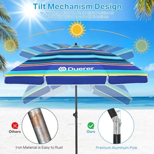 Duerer Beach Umbrellas, 8.5FT Beach Umbrella for Sand with Anchor Heavy Duty Windproof, Height Adjustable Tilt Iron Pole, Portable Beach Umbrella with Carrying Bag for Beach, Patio Garden Outdoor
