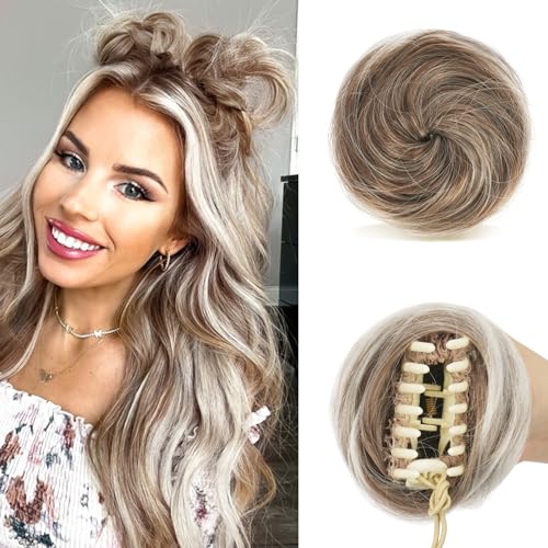 SOFEIYAN 2PCS Messy Bun Hair Piece Wavy Curly Chignon Extension Mini Messy Hair Bun Scrunchies Synthetic Donut Wig Accessory Updo Space Bun Hair Pieces for Women Girls, Strawberry Blonde&Bleach Blonde