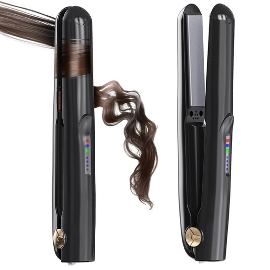 Cordless Hair Straightener and Curler 2 in 1 Ceramic Flat Iron Mini Cordless Portable Travel Hot Tools Straight Curl for Women Men USB Rechargeable with Pouch (Black)