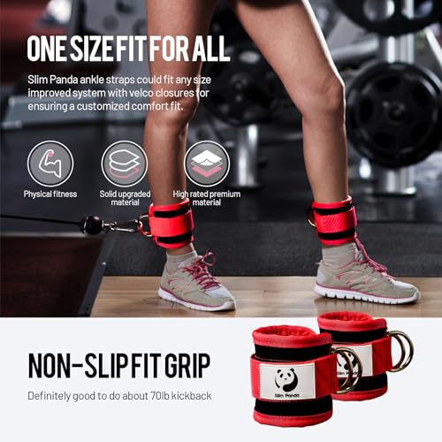 Slim Panda Ankle Strap for Cable Machine,Ankle Cuff for Kickbacks, Booty Hip Abductors,Glute Workouts, Leg Extensions, Curls for Men and Women, Adjustable with Double D-Rings (Pair, Red)