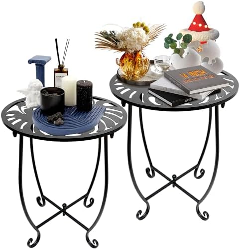 Outdoor Side Table for Small Spaces, 2 Pack 14 Inch Round Metal End Table for Patio Balcony Yard Porch, Anti-Rust Waterproof Accent Table for Indoor Outdoor Use, Easy Assembly