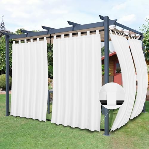 Easy-Going Outdoor Patio Curtains Detachable Tab Top Windproof Weatherproof Curtain for Cabana, Porch, Pergola and Gazebo, Tab Bottom Drape, 2 Panels, 54W x 84L inch, White