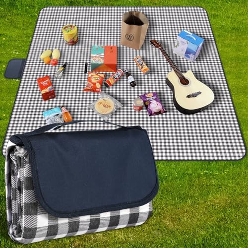 Picnic Blanket Waterproof Beach Rug 80''x80'' Picnic Mat Washable Lightweight with Handle Navy Blue Checkered for Hiking Travelling Outdoor Camping,Parks