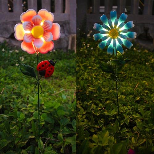 Solar Garden Stakes Lights for Outdoor Decor, 4 Pack Waterproof Metal Art Stick Flowers, Light for Outside Garden Patio Pathway Yard Backyard Porch Lawn