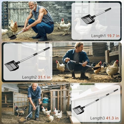 Metal Chicken Poop Scooper Heavy Duty Sifting Shovel Chicken Accessories Cleaning Tools Adjustable to 41.3" Long Handle Poop Shovel for Poultry Litter Scooper Supplies