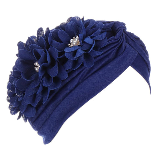 YYAOJHAO Women Flower Turban hats - Ruffle Pre tied Headwrap Caps Chemo Beanies Hijab Headscarf for Cancer Patient Hair Loss (Polyester, Blue)