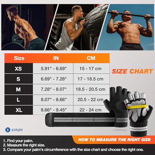 SIMARI Breathable Workout Gloves for Men Women, Padded Weight Lifting Gloves with Wrist Wraps Support, Full Palm Protection, Grip for Gym Training, Fitness, Weightlifting, Exercise Fingerless Black