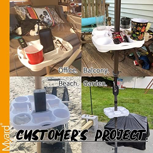 15'' Pro Universal Beach Umbrella Table Tray with Tablet Slots, Earpod Holds, Drink Holders, Snack Grooves, Phone Slots, Sunglasses Holes, Small Bag Hangers for Beach, Swimming Pool (White)