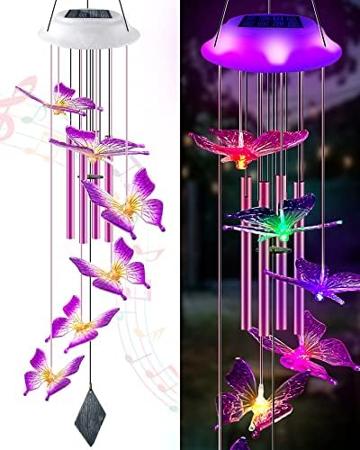 Solar Butterfly Wind Chimes, Gifts for Mom Women, Glowing Top Changing Colors LED Wind Chime for Outside with 4 Iron Tubes, Outdoor Decor Mobile for Garden Yard (Purple)