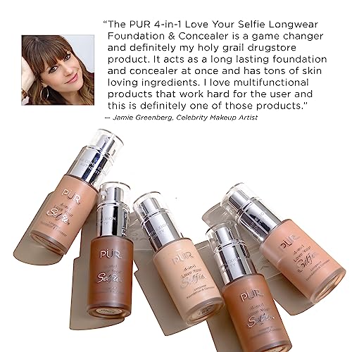 PÜR MINERALS 4-in-1 Love Your Selfie Longwear Foundation & Concealer, Full Coverage Liquid Foundation, Hydrating Formula, Cruelty Free