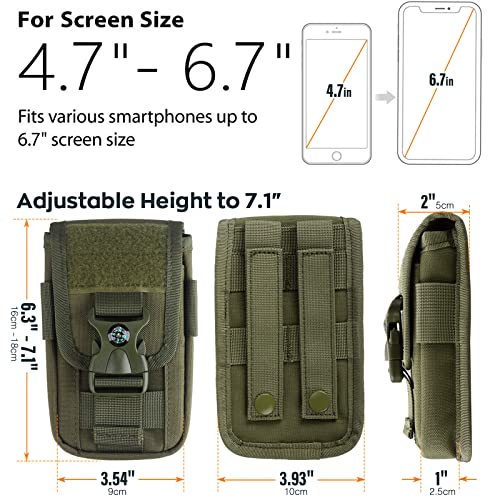WYNEX Tactical Molle Phone Pouch with Compass Buckle, Tactical Phone Holster Molle Cell Phone Pouch Universal Belt Waist Bag for IP 15/14/13 Pro Max / S22/S21 with US Patch & Paracord Keyring Clip