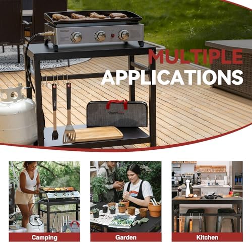 Royal Gourmet Dining Cart Table with Double-Shelf, Movable Stainless Steel Flattop Grill Cart, Hooks, Side Handle, Multifunctional PC3401B (Black)