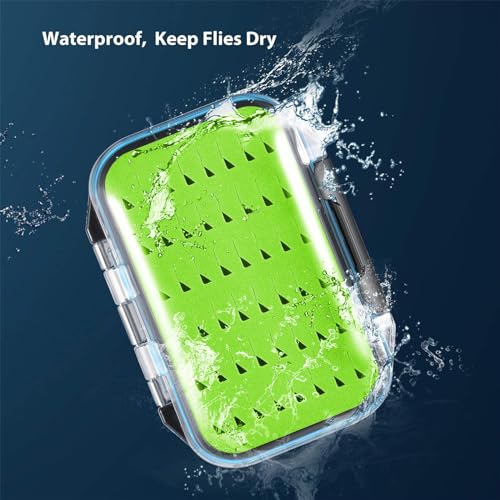 Gonex Fly Boxes for Fly Fishing Jig Boxes Two-Sided Waterproof Lightweight Fly Fishing Box Easy Grip Transparent Lid Fly Fishing Lures Box, 4.1"x 3.0"x 1.2", Green