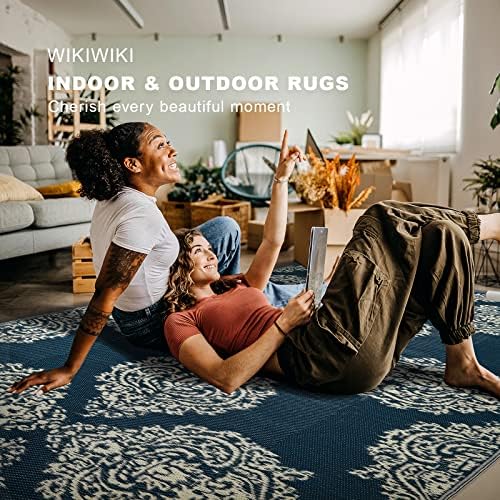 wikiwiki Outdoor Rug, 5x8ft Waterproof Reversible Mat Indoor Outdoor Rugs Carpet, Small Area Rug Plastic Straw Rug for Patio Deck Balcony Pool RV Camping Beach Picnic, Blue & Beige, Rugscape Series