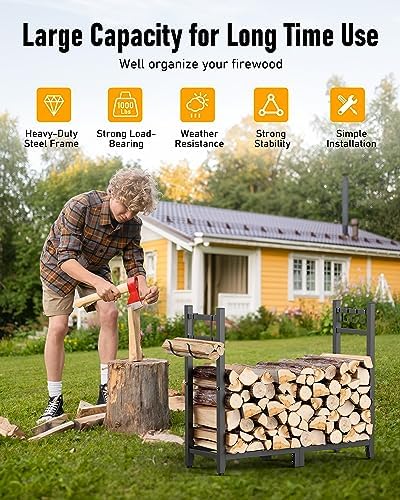 Brightown Firewood Rack Indoor with Log Carrier, 34inch Outdoor Wood Rack for Firewood,Fire Wood Storage with Kindling Hooks, Adjustable Pads, Heavy Duty Logs Holder for Fireplace Deck Outdoor, Black