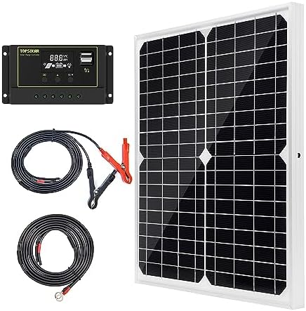 Topsolar Solar Panel Kit 20W 12V Monocrystalline with 10A Solar Charge Controller + Extension Cable with Battery Clips O-Ring Terminal for RV Marine Boat Off Grid System