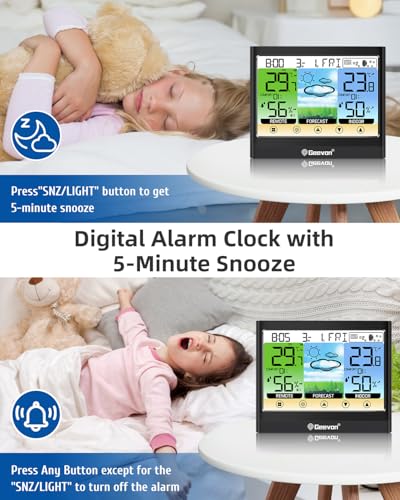 Geevon Weather Stations Wireless Indoor Outdoor Thermometer Hygrometer with Dew Point, Heat Index, Touch LCD Display Digital Weather Thermometer with Alarm Clock and Adjustable Backlight