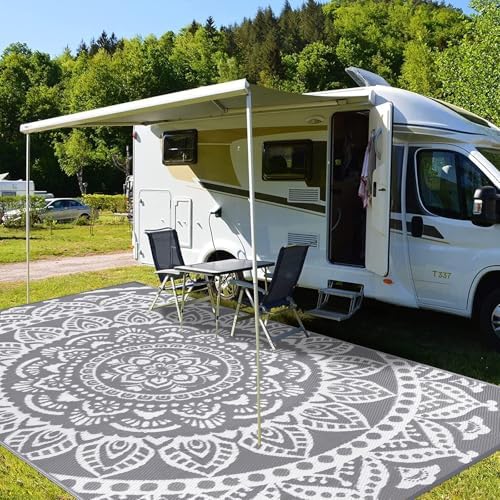 Bsmathom Waterproof Outdoor Rug 6'x9' Reversible Boho Plastic Straw Patio Deck Camping Rugs, Indoor Outdoor Portable RV Mat Clearance Carpet for Outside, Porch, Balcony, Backyard, Beach, Pool,Grey