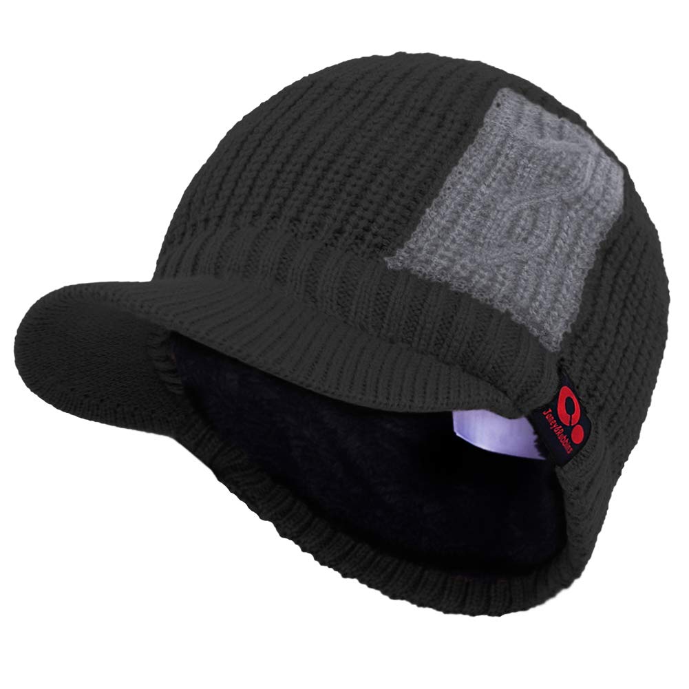 Women's Contrast Patch Visor Beanie Winter Knit Hat with Birim Fleece Lining Baseball Cap (Black), One Size-Medium