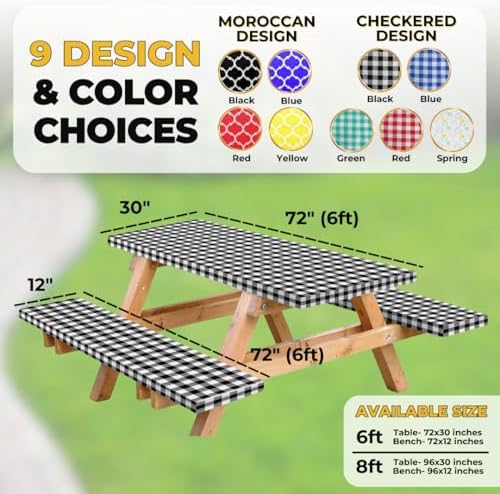 RNOONY Vinyl Fitted Picnic Table Cover with Bench Covers and Bag, 6ft Outdoor Waterproof Windproof Tablecloth with Elastic Edges. Camping RV Gear Campers Must Have 72x30 Inches 4 Pcs Set (Black)