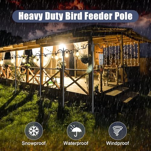 Gtongoko Bird Feeder Pole Squirrel Proof, 92 Inch Double Shepherds Hook for Outdoor with Squirrel Baffles Adjustable Heavy Duty with 5 Prongs Base for Hanging Plants, Bird Feeders, Black