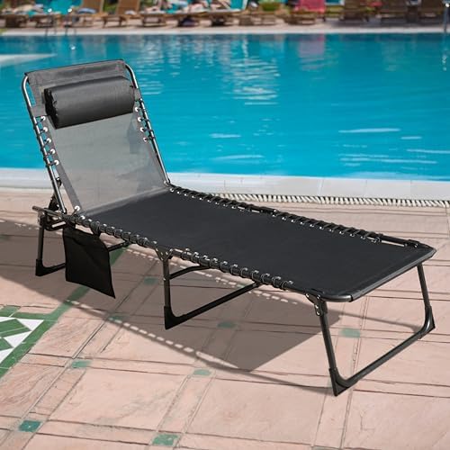 Foldable Chaise Lounge Chair with Detachable Pillow & Pocket, Outdoor Portable Tanning Chair with 4 Position Adjustable Back, Patio, Beach and Pool, Black